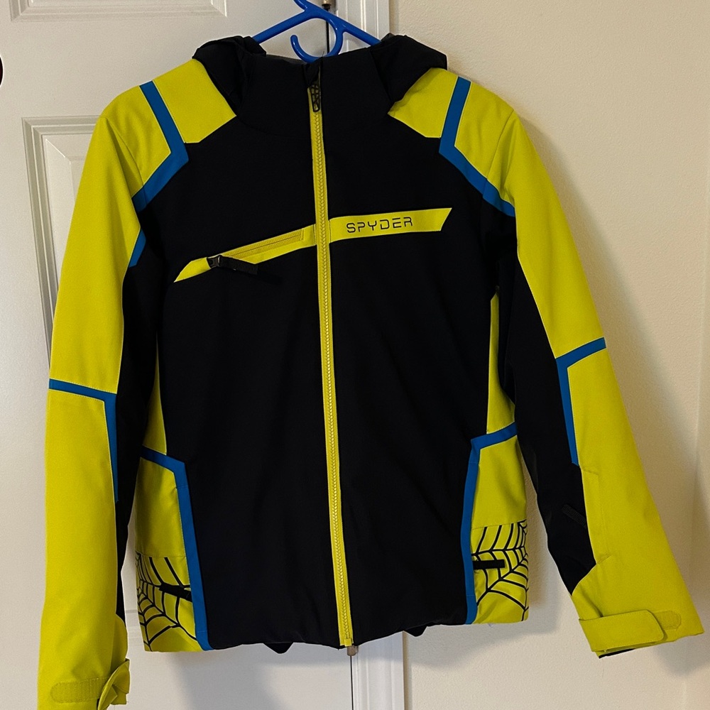 Spyder Black and Neon Yellow Jacket with Blue Accents Kids size 14 waterproof